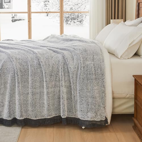 Image of EMME Soft Sherpa Fleece Blanket with Tassel, Reversible Plush Fluffy Large Blanket, Light Weight Warm Decorative Boho Blanket Cover for Sofa, Couch, Bedroom,Travel(Tassel Grey,50 inchx60 inch)