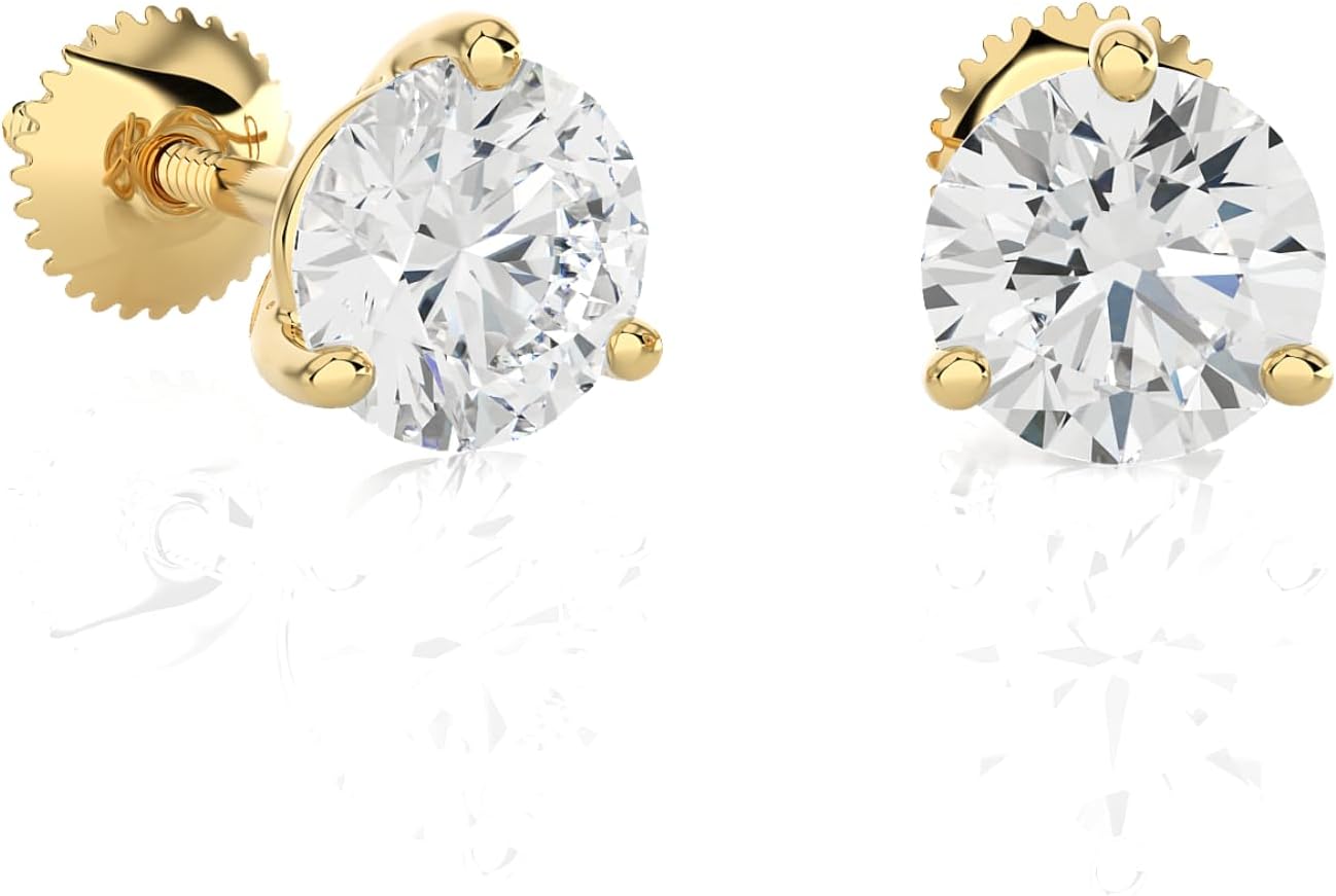PRIVOSA — Lab Grown Diamond Stud Earrings for Women - 14K White Gold 3 Prong Martini Set - Screw Back Post - D-E VVS1 VVS2 Round Studs