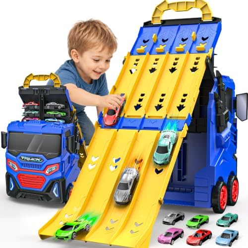 maysida 4-in-1 Transformations Truck Spielzeugautos für Jungen, 6 Metall-Mini-Autos, Rennbahn mit 4 Spuren, Reparaturwerkstatt und Parkgarage–Ideales Spielzeug Geschenk für 3-6 jäh