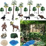 J-RUIDAGO 36Pcs Rainforest Diorama Supplies Kit Model Scenery Miniature Trees Palm Forest Animals Insect Sand Stone Moss Model Accessories