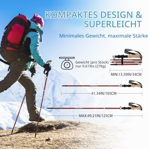 Overmont Wanderstöcke Faltbar Aluminium Ultraleicht - Verstellbar 105-125 cm Trekkingstöcke - Nordic Walking Stöcke 1 Paar mit All-Terrain… – Ansicht 5