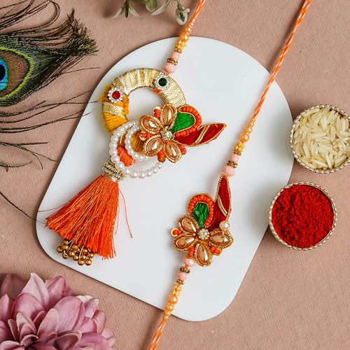 Image of eCraftIndia Orange Floral Designer Rakhis for Brother and Bhabhi | Bhaiya Bhabhi Rakhi Set of 2 | Lumba Rakhi for Bhabhi | Best Bro Ever Fridge Magnet | Roli Chawal Pack