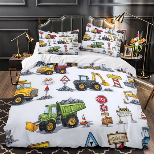 JCOUSDAEO Construc Vehicles Linge de Lit Confortable Hypoallergique 3 pièces Cartoon Kids Design_ Ensemble De Literie avec 2 x Taies d'oreiller Super Douce for Décoration de Chambre Single（140x200cm） – vue 3