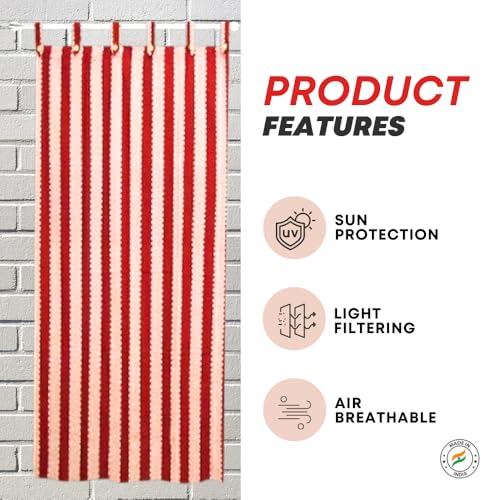 Image of Cotton Stripe and Solid Tab Top Loop Curtains Button Type Combo of 3 Pieces. (Maroon Multi, 4 x 5 ft - Window Curtain)