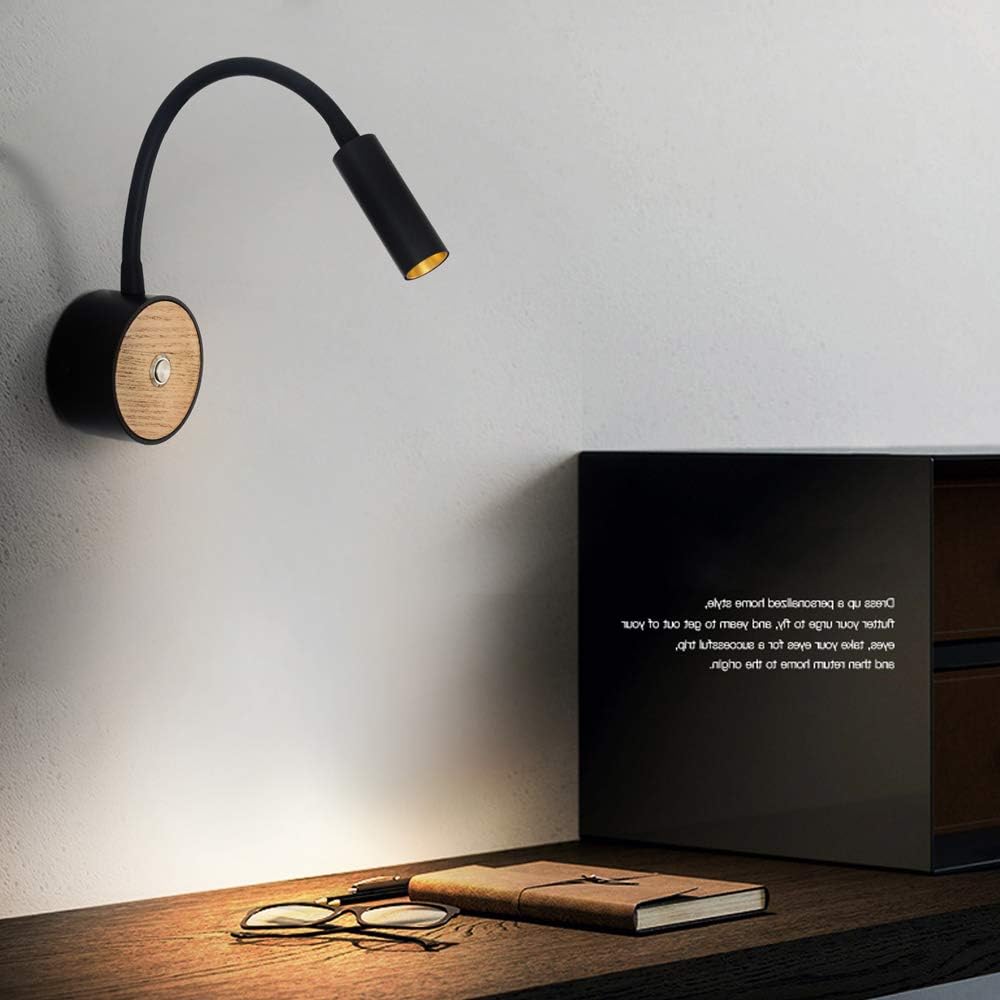 Lampe Murale 360° Pivotant Col de Cygne - Applique Bois et Noir avec Interrupteur Pour Chambre, Couloir, Salle de Bain, Hôtel