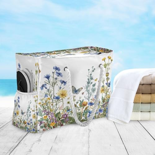 ATTX Wildflowers with Butterflies Beach Bags for Women - Large Beach Bags with Zipper Waterproof Sandproof Swim Pool Bag Large Tote#184 6