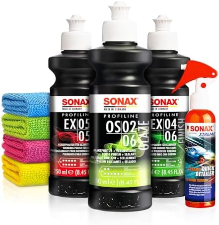Politur Set: Sonax ExCut 05-05 + Ex 04-06 + OS 02-06 (je 250ml) + Sonax Ceramic Spray Versiegelung - Zur starken Defektkorrektur und maximalen Hochglanz - Auto polieren | 8-teilig