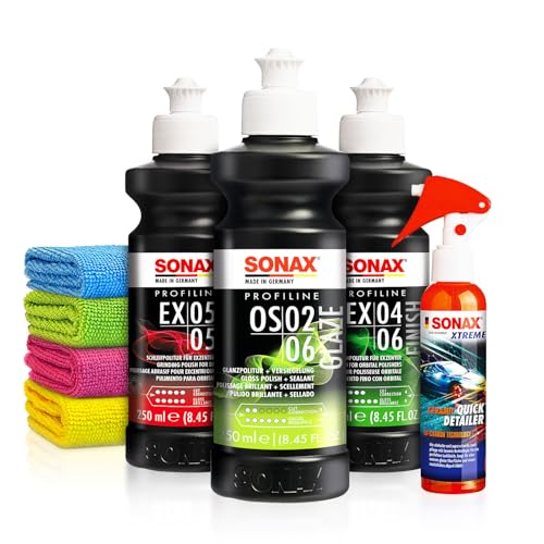 Politur Set: Sonax ExCut 05-05 + Ex 04-06 + OS 02-06 (je 250ml) + Sonax Ceramic Spray Versiegelung - Zur starken Defektkorrektur und maximalen Hochglanz - Auto polieren | 8-teilig