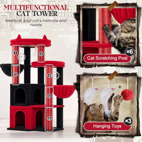 Image of Globlazer Cat Tree Tower for Indoor Cats, Sturdy Adult Cat Tree House for Large Adult Cats with 2 Platform, 6 Cat Scratching Post, 2 Cat Caves, Dangling Toys, S63, 63 inch, Red Black