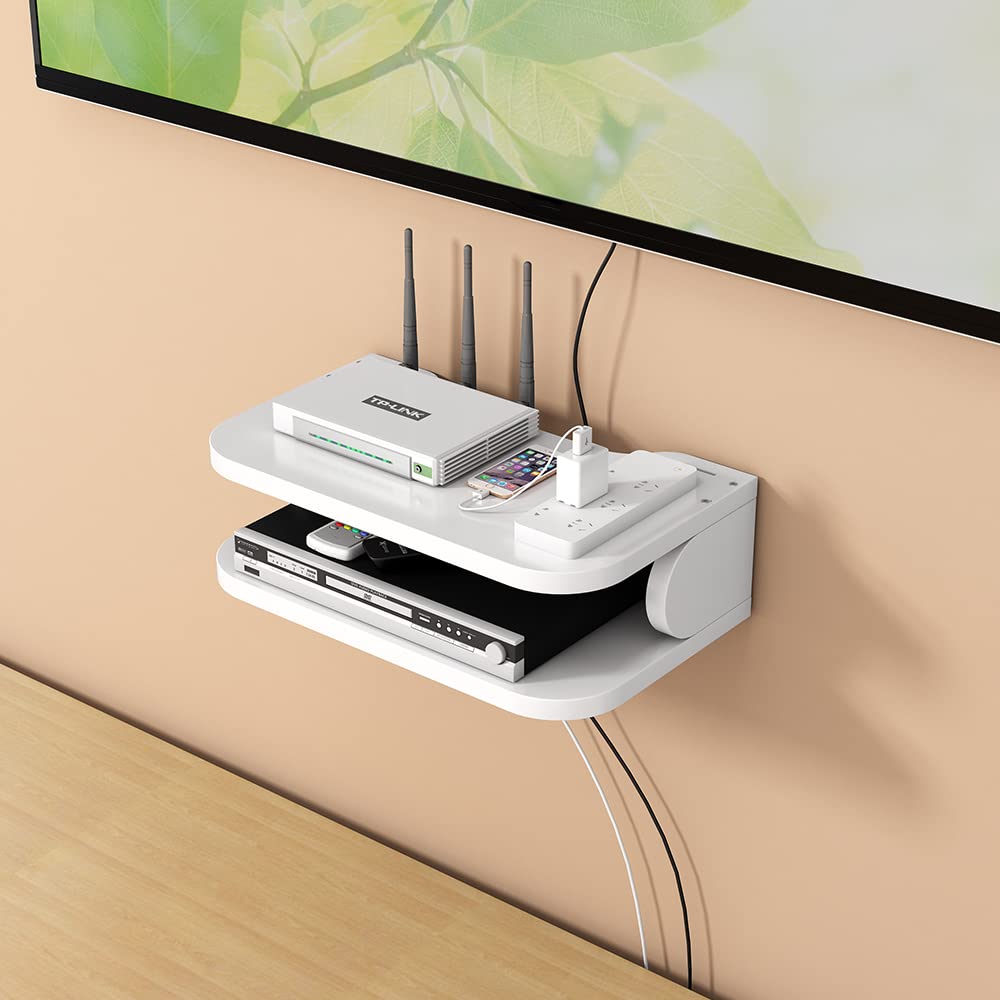 Caja de almacenamiento para enrutador WiFi Estantes flotantes TV Set-Top Rack, montado en la pared Multi-capa de gestión de cables Estante de almacenamiento para decoración de pared (jl01,blanco)