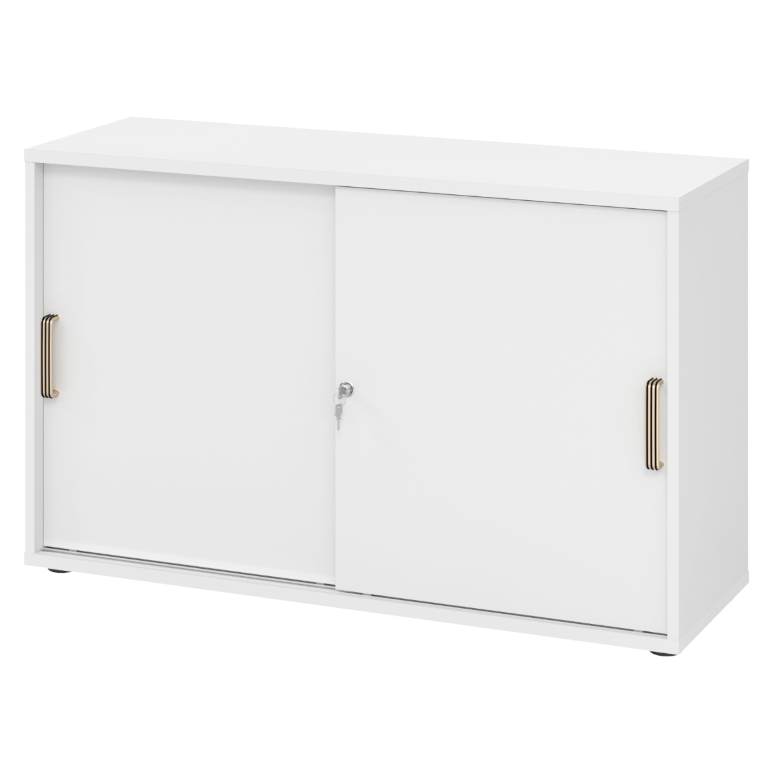 bümö Schiebetürenschrank 2OH - Aktenschrank abschließbar, Sideboard Schrank mit Schiebetüren in Weiss, Streifengriff - Büroschrank aus Holz mit Schiebetür, Büro Kommode für Ordner & Co.