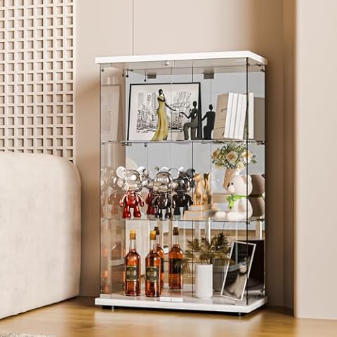 FANYUSHOW Glass Display Cabinet with Mirrored Back, 2 Doors and Lock, Quick-Install Style 3-Shelf Curio Cabinet 5mm Tempered Glass Bookshelf for Living Room, Bedroom, 49" H x 32''L x 14''W (White) Cover