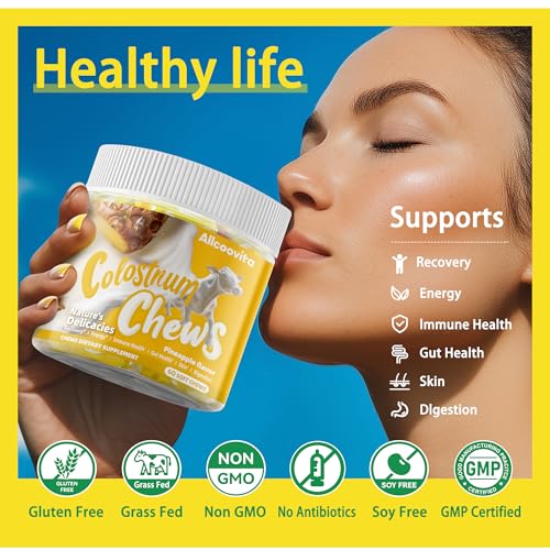 Image of Allcoovita Bovine Colostrum Chews Supplement with probiotics for Gut Health, Bloating, Immune Support, Skin, Hair Growth and Beauty - Pineapple Flavor (60 Servings)