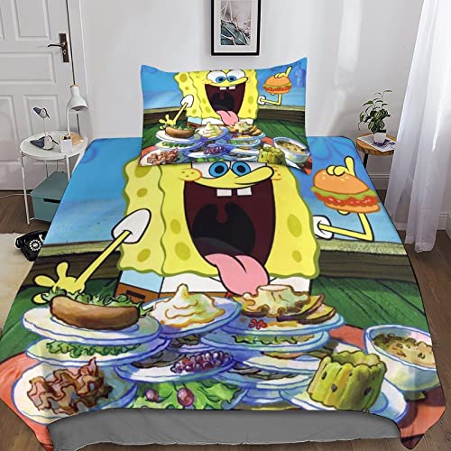 Bob-Esponja Juego De Funda NóRdica 3D Bedding Anime Juego De Cama NóRdico Funda NóRdica De Microfibra De 2 Piezas con Cremallera Y Fundas De Almohada Single（135x200cm）