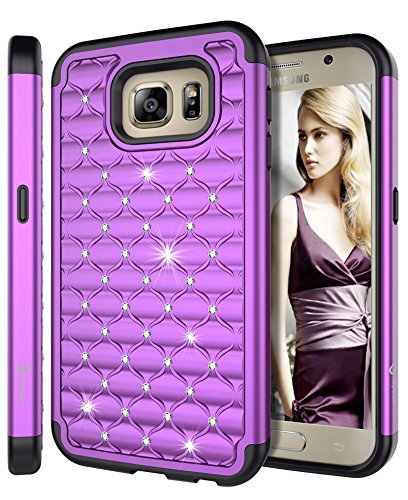 S6 Case, Galaxy S6 Case, Style4U Galaxy S6 Studded Rhinestone Crystal Bling Hybrid Armor Case Cover for Samsung Galaxy S6 with 1 Style4U Stylus [Purple/Black]