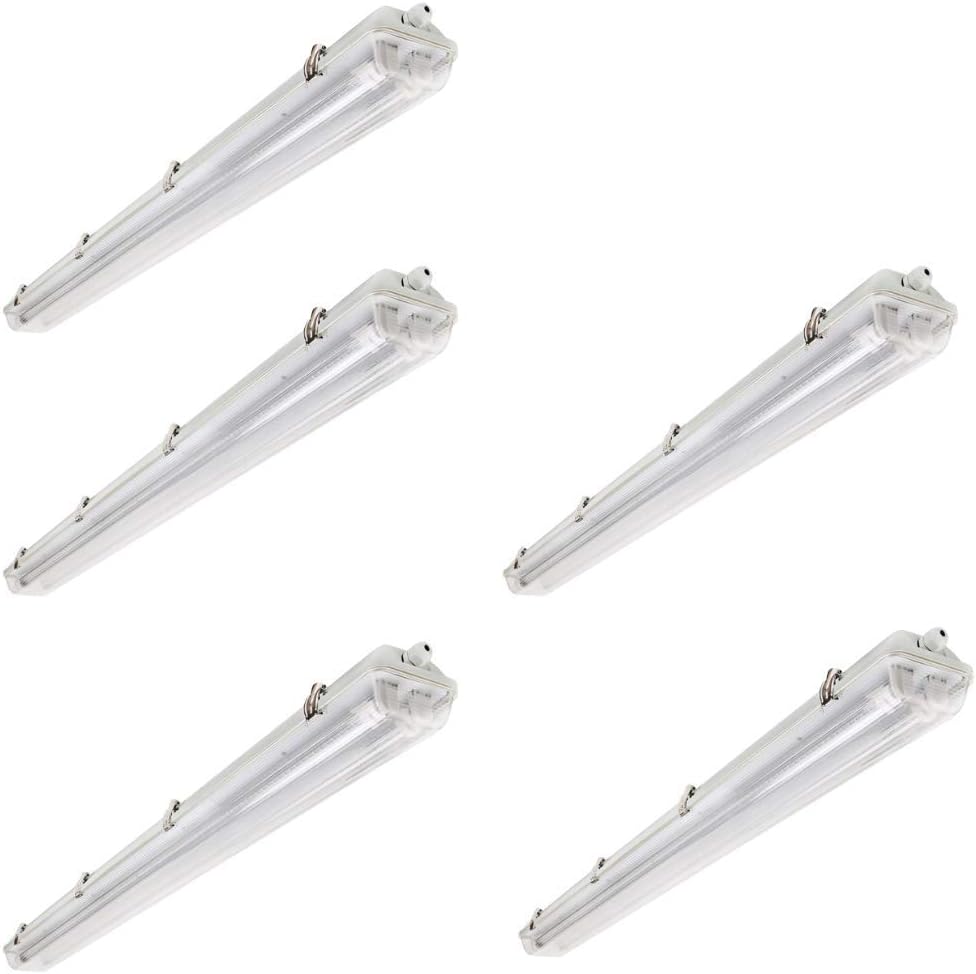 2 Lamp LED Vapor Proof Fixture 36W (100W Eq), 4700 Lm (130LM/w), 5000K (Daylight), UL & DLC, Clear Cover, Waterproof, IP65, 120-277v, Garage Lighting, Car Wash, Warehouse, Walk in Freezer (5 Pack)