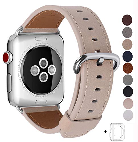 JSGJMY Compatible with Apple Watch Band Women Men Genuine Leather Replacement Strap for iWatch Series 5 4 3 2 1 Sport Edition (Light tan, 42mm 44mm M/L)