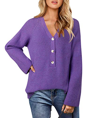 Timeson Womens Sweaters for Party,Legging Sweaters for Winter Women's Oversized Loose Knitted V Neck Long Sleeve Winter Warm Wool Pullover Long Sweater Dresses Tops for Casual Work Wear Violet