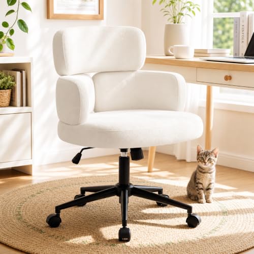 Hellove Chaise de Bureau Pivotante Réglable en Hauteur – Fauteuil Coiffeuse avec Dossier et Accoudoirs Fixes, roulettes Silencieuses 360°, Capacité 150 kg pour Salon Bureau Chambre, Beige