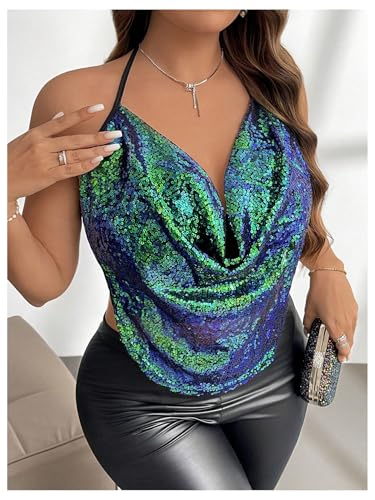 SweatyRocks Women's Plus Size Sparkle Sequin Tops Draped Cowl Neck Sexy Going Out Crop Halter Top4