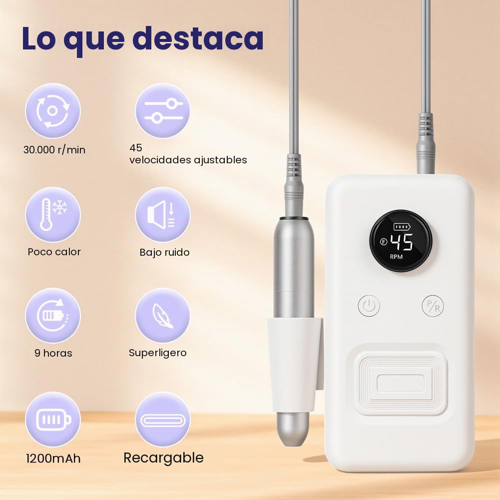 Torno para Uñas Profesional 30000 RPM, Torno para Uñas Portátil Recargable, Tor-no Uñ-as Taladro Eléctrico con 6 Brocas, Velocidad Ajustable, para Gel o Acrilicas para Hogar y Salón （Blanco）
