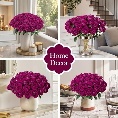 Image of INSPRING 50 PCS Magenta Roses Artificial Flowers with Long Stems | Real Looking, Fake Roses, Silk Flowers, DIY Bouquet, Wedding Party Celebration Home Bridal Decoration Gift, for Her Wife