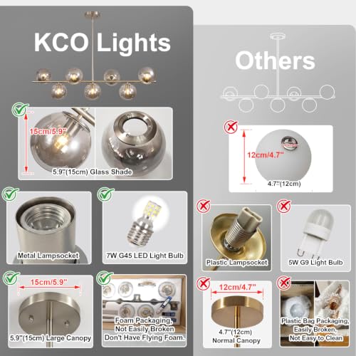 Image of KCO Lighting MCM Brushed Nickel Linear Sputnik Chandeliers for Dining Room | 31.5 inch Rod for Sloped Ceiling, 7W 3000K E26 Bulb Included, Smoke Gray Glass Globe Pendant Light for Kitchen Island Living Room