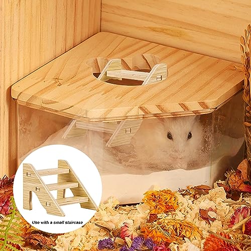 Nizirioo Transparentes Acryl-Sand-Badezimmer für Hamster Hamster Sandbadbox mit Leiter und Naturholzabdeckung und Schaufel, Haustier Hamster Badezimmer, für Hamster, Rennmäuse (Dreieck)