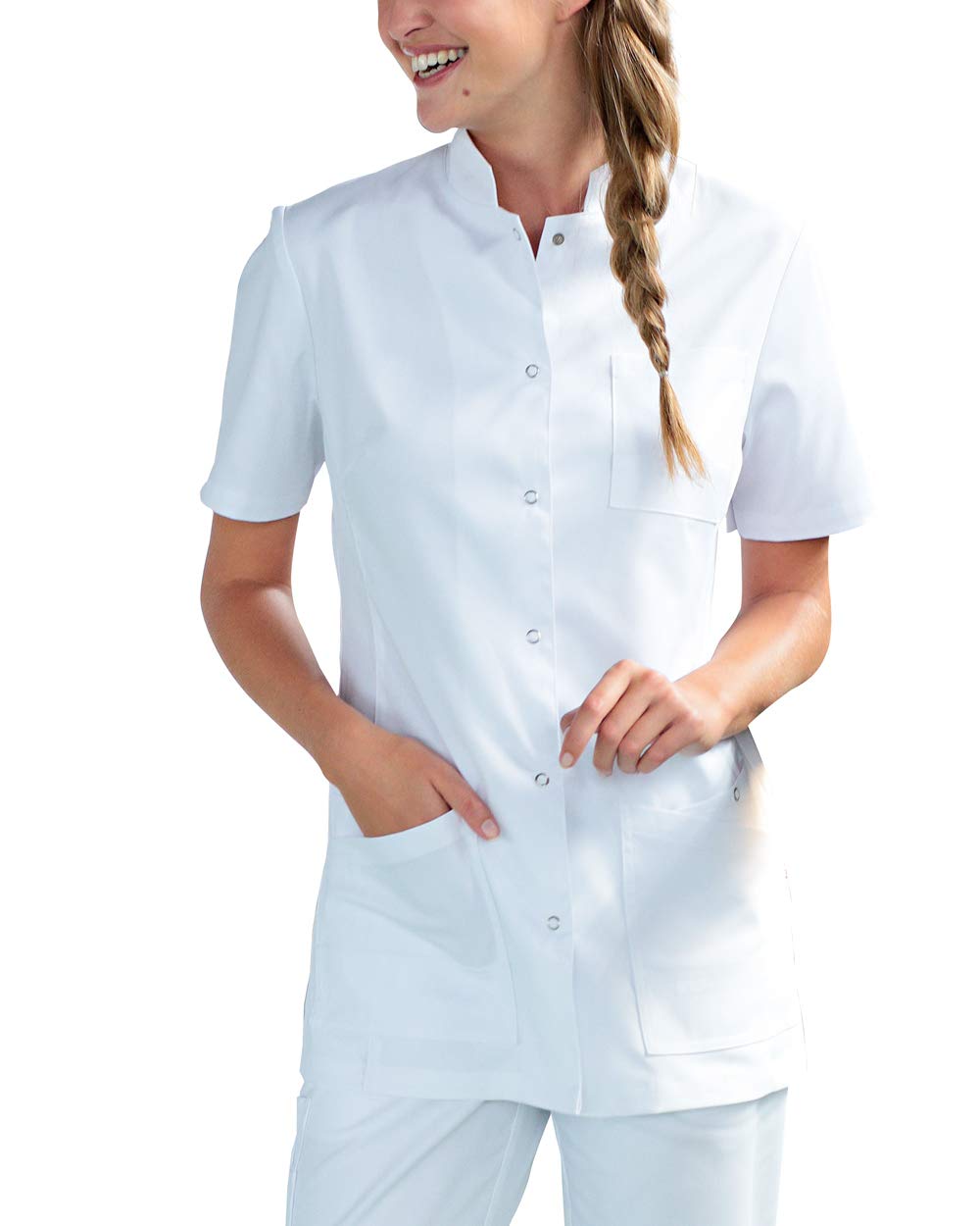 CLINIC DRESS Kasack für Damen leicht tailliert Stehkragen Druckknopfleiste 2 Doppeltaschen mit Druckknopf und Saumverstärkung Seitenschlitze Industriewäsche geeignet 95 Grad Wäsche