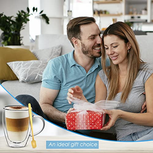 Cappuccino Glass Mugs, (Set Of 4) 12 Ounces Double Walled Espresso Mug Cups Glass Mug Set With 4 Golden Spoon, Drinking Coffee Cups With Handle, Clear Glass Mugs For Latte, Cappuccino, Tea Bag, Juice #TOP6