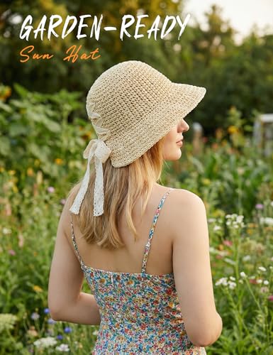 TYHOTULY Women Straw Beach Hats Summer Sun Hat with Cute Bow Tie Floppy Packable Foldable Travel Wide Brim UV Protection (Beige,One Size) — view 4