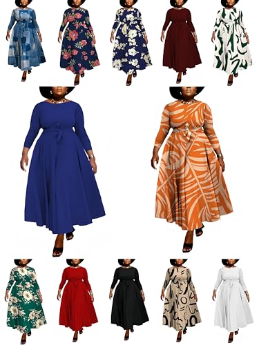Image of Hostoyo Women Plus Size Formal A Line Maxi Dress Self Tie Waist with Pockets Elegant Round Neck Swing Long Dresses