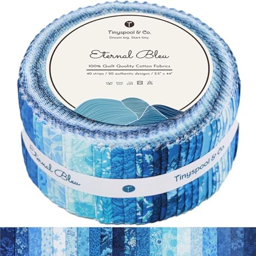Tinyspool & Co. Jelly Roll Fabric Strips for Quilting, Crafting, and Sewing, 40 Strip Assorted Bundle, Soft Cotton for Blanket, Rug, Upholstery, Home Decor, and Purse Making, Eternal Bleu