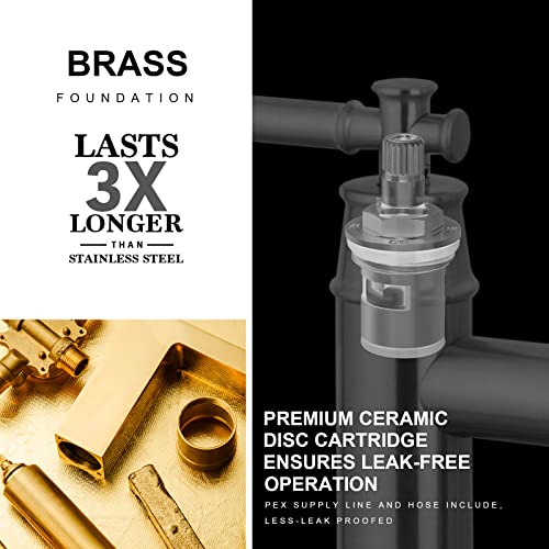 Brushed Gold Bridge Kitchen Faucet With Pull Down Sprayer, Lava Odoro Transitional Brass Kitchen Sink Faucet 3 Hole 2 Handle Spot-Resistant, Lead-Free, Kf501-Sg #TOP6