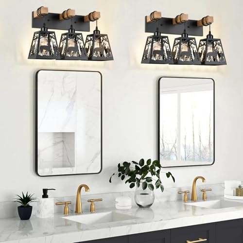 Image of Rustic Bathroom Light Fixtures, 3-Light Farmhouse Vanity Lamp with Deer Design and Wooden Frame, Wall Lighting for Bathroom, Hallway, Kitchen, Porch