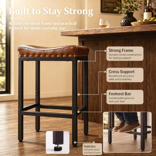 Forteek Counter Height Bar Stools Set of 2, 25.5 Inch, Industrial Vintage Bar Stool with Nailhead, Faux Leather Barstool with Footrest, Saddle Stool for Kitchen Island, Dining Room, Easy Assembly by Forteek - Used condition - Image 6