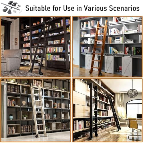Retractable Library Rolling Ladder Hardware Kit - Sliding Black Track System with Floor Wheels & Brakes, Adjustable Tension Design for Smooth Gliding, Perfect for Home Libraries & Shelves