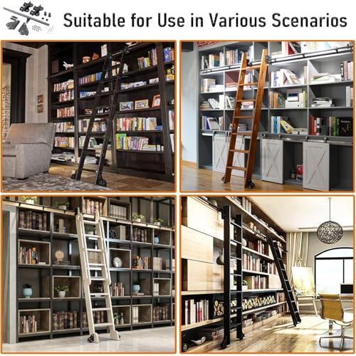 Kit binario scorrevole adjuble, binario in metallo nero e rullo da pavimento per biblioteca, loft e uso domestico, sistema retrattile 100-600 cm (scala non inclusa) - Design salvaspazio