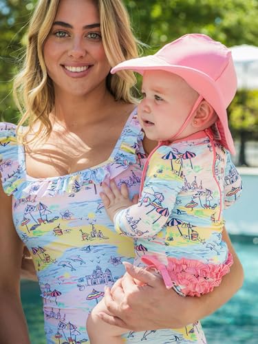 Image of RuffleButts Baby Girls UPF 50+ Sun Protection Floral Printed Long Sleeve One Piece Rash Guard Swimsuit with Zipper