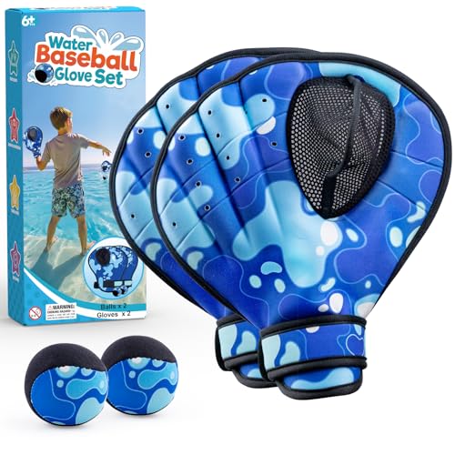 Ayeboovi Water Baseball Gloves Bouncing Ball Set for Pool Toys Lake Beach Games 2 Baseball Style Glove for Catch Skipping Ball Birthday Gift for Boy Girl Kid Age 8-12 & Adult Teen Blue