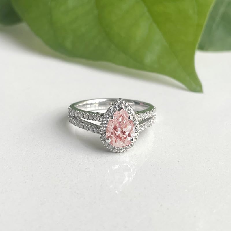 1.00 Carat Pear Cut Morganite & White Diamond Split Shank Halo Engagement Ring For Women, 14K Gold Plated 925 Silver September Birthstone Diamond Bridal Side Stone Ring