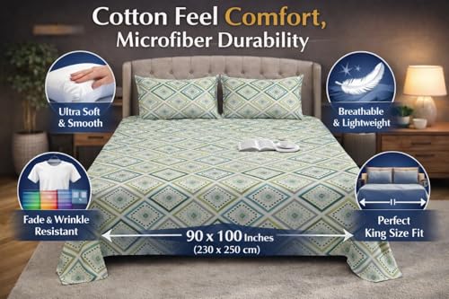 Image of Cotton Feel King Size Flat Bedsheet for Double Bed (90 x 100 Inches | 230 x 250 cm) with 2 Pillow Covers | Soft & Smooth Printed Bedsheet for Daily Use (Emerald, King Bed-90x100)