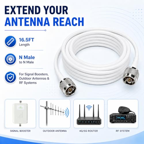Image of N Male to N Male Coaxial Cable 16.5FT for 4G LTE 5G Antenna Systems | White 50 Ohm low loss 4D-FB RF extension, N male connectors, for signal booster, router, outdoor antenna, RF radio