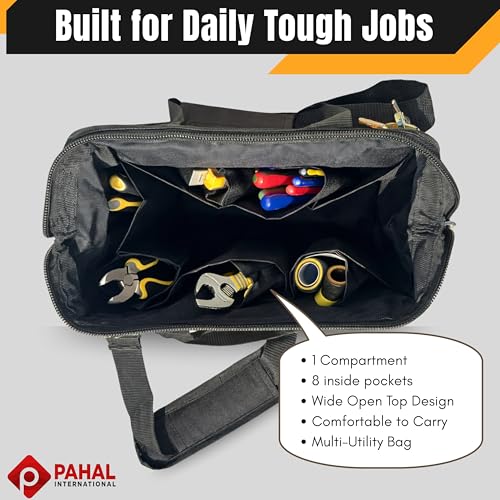 Image of PAHAL APACHE 12 Inch Tool Bag - Multipurpose Nylon Water-Resistant Tool Storage Organizer for Electricians, Plumbers, Technicians & Mechanics, Durable Portable Tool Carry Bag, Yellow Black