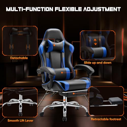 DUMOS Ergonomic Gaming Desk Chair - PU Leather Recliner with Footrest, Lumbar Support, Headrest, Fixed Armrests, Height Adjustable, 360° Swivel, Blue, for Adults - Image 6
