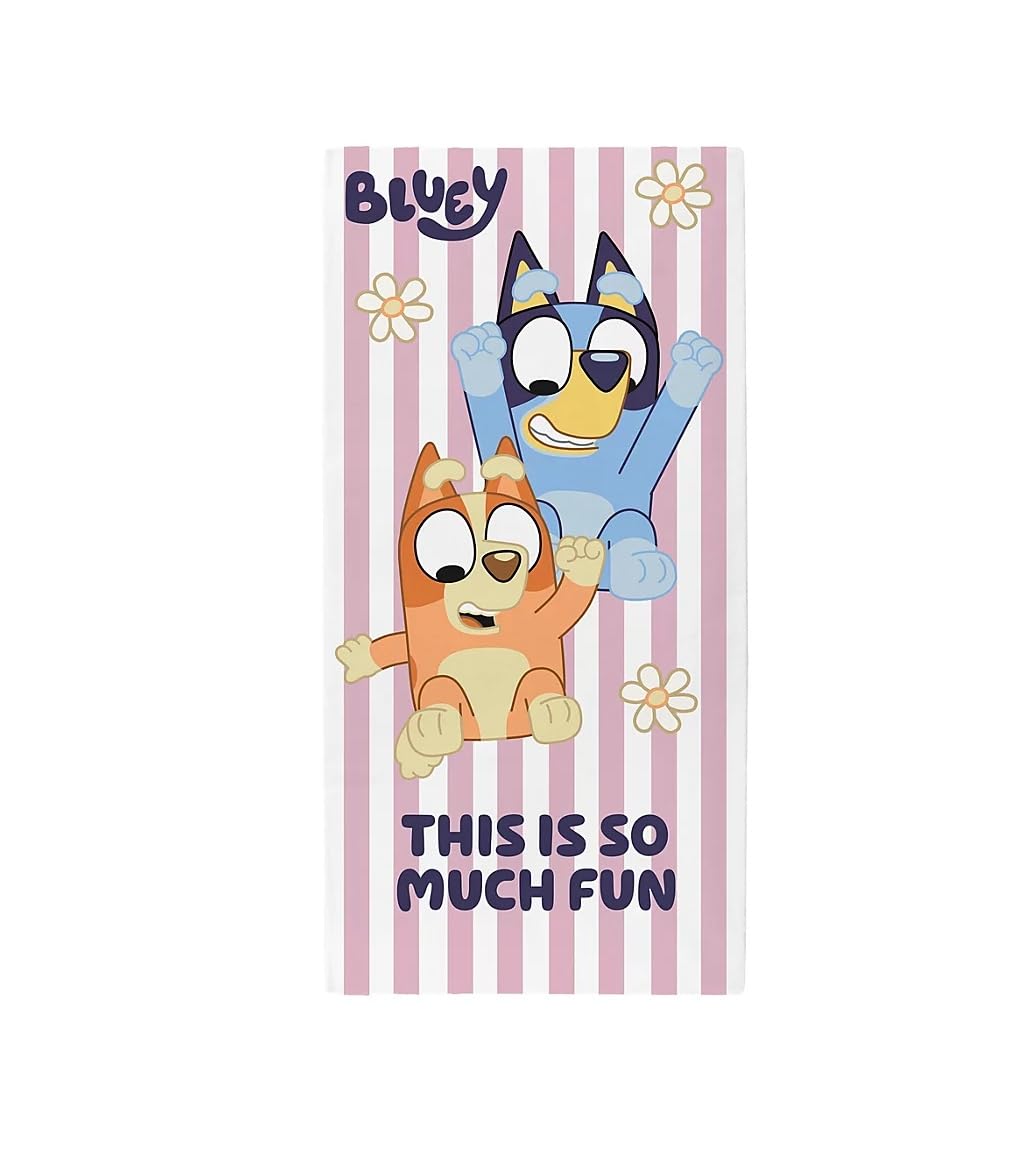 dreamtex Kids Bluey Beach Towel 70 x 140 cm | Pink Striped Bluey & Bingo Bath Swim Towel | Cotton Soft Absorbent Large Kids Towel