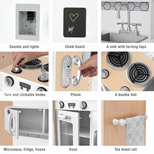 Kidoz Signature Kids Wooden Kitchen, Large Pretend Role Play Kitchen With Realistic Oven, Microwave and Sink With Taps, Kitchen Playset With Sounds And Lights For Kids (White Kitchen Only) - Image 5
