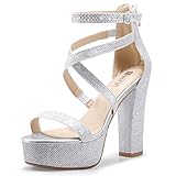 IDIFU Women's Platform Chunky High Heels Dress Sandals Open Toe Ankle Strap Strappy Wedding Bridal Party Dance Shoes for Women Bride (Silver Glitter, 8 M US)