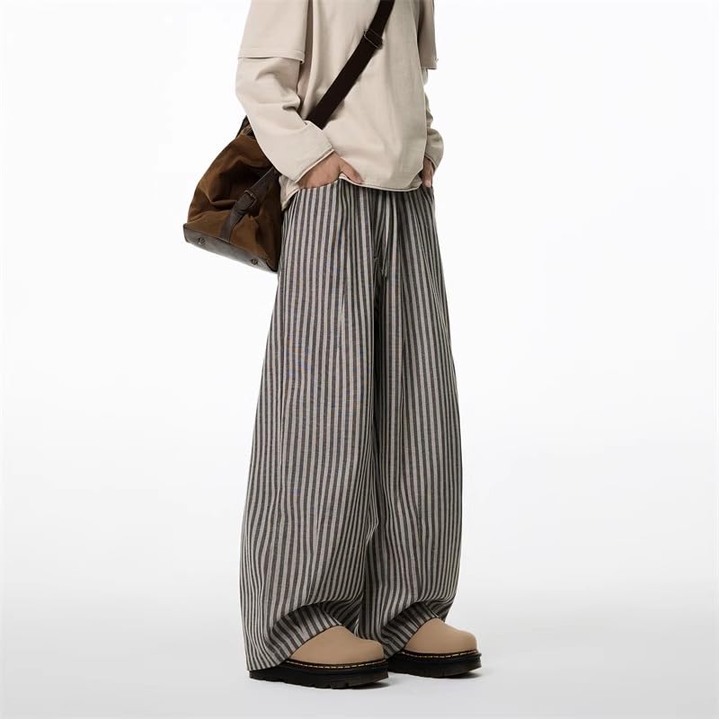 Mens Striped Wide Leg Pants Unisex Elastic Waistband Drawstring Casual Trousers2