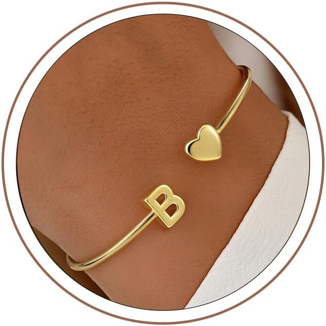Turandoss Teen Girl Gifts Trendy Stuff - Dainty 14K Gold Plated Letter A-Z Initial Heart Cuff Bangle Bracelets, Gifts for Women Her Mom Daughter Sister Friend Teens Birthday Jewelry Gifts